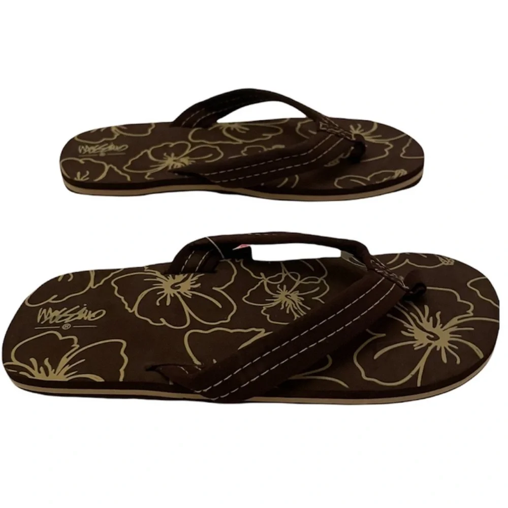 Brown Tropical Flower Flip Flops Casual Floral Unisex Non Gender Kids Size L 3/4